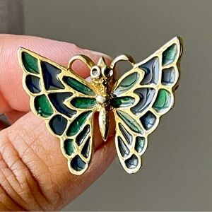 Signed NEW VIEW Vintage Green Blue Enameled Tiny Butterfly Brooch Pin Gold Tone